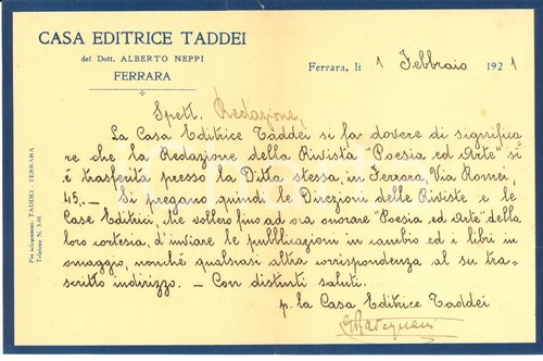 1921 ferrara lettera casa - ferrara,