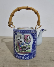 Vintage Teiera in Porcellana Cinese Blue Manico in Bamboo