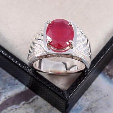 Anello In Argento Sterling 925 Con Gemma Di Rubino Riscaldata Per Uomo #1538