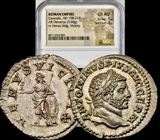 Antica Caracalla Romana Argento 198-217 d.C. Roma AR Denario NGC Scelta AU