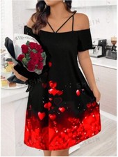 Vestito nero con cuori rossi a maniche corte per donna TAGLIE FORTI: 2XL (52)