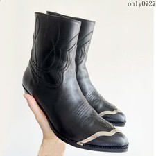 Mens Chelsea Ankle Boots Side Zipper Real Leather Metal Western Shoes Wing Tip