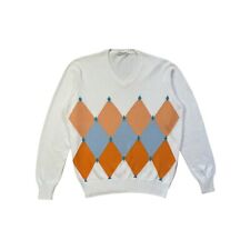 Pullover Gran Sasso Uomo 52 IT - L Rombi Bianco Arancione Blu Cotone Pre Owned