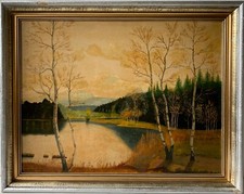 Dipinto A Olio Paesaggio Con Betulle Pittore Tedesco A. Foss Cornice Argento