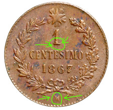 Italia Regno 1 centesimo 1867 M RARA: Conio Stanco M evanescente 1 ribattuto