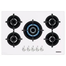 PIANO COTTURA 75 CM INCASSO GAS VETRO BIANCO 5 FUOCHI COMANDI VALVOLATO GHISA