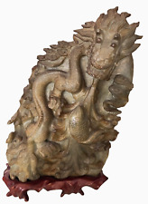 ARTE ORIENTALE SCULTURA DRAGO IN GIADA NATURALE CON SUPPORTO IN LEGNO