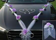 Decorazione per auto in organza M + fiocco matrimonio, Lilla/Bianco H. 