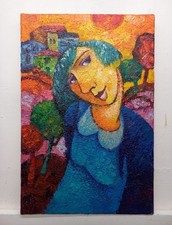 Complemento Arredo Dipinto Paesaggio Figura Olio Tela Cm30x45