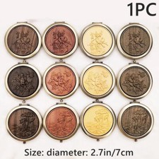 Metallo Mini Pieghevole Trucco Specchi Legno Intaglio Fiore Doppio Lato Vintage