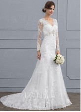Abito da sposa tromba/sirena scollo a V corte treno tulle pizzo (bianco)...