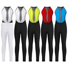 Kids Girls Leotard Skating Bodysuit Pants Set Shiny Rhinestones Decorated Dance