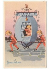 bambini uovo carrozza cartolina Buona Pasqua augurale d'epoca