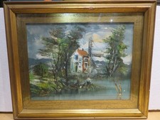 vecchio quadro dipinto mano in cornice MULINO A VENTO su fiume pescatore pesca