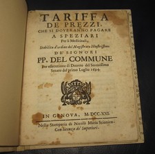 1721 Tariffa de prezzi che si doveranno pagare a Speziari per Medicinali Genova