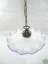 Lampadario sospensione ottone vetro opaline bianco blu stile fazzoletto '900