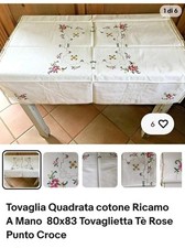 Tovaglia Cotone Vintage Quadrata 80x83 Ricamata A Mano Punto Croce Rose 