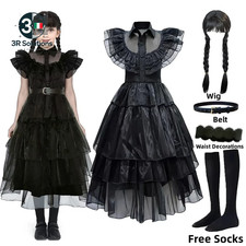 Mercoledì Addams Costume Da Vestire per Ragazze Compleanno Halloween Abito Da Fe