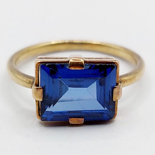 Anello art deco oro 18k zaffiro blu sintetico e montatura geometrica (circa 1950