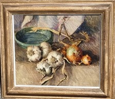 Mario Lisa ( Torino 1908 -Pianezza  1992 ) Natura morta con aglio e cipolle 1943