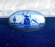 spilla antica argento porcellana dipinto blu bianco Olanda mulini a vento