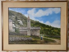 Quadro con cornice, dipinto di paesaggio di montagna con chiesa e personaggi