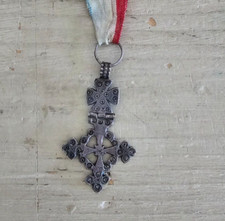Antica Croce Etiope dell'Etnia Amhara in Argento con Nastro