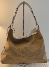PRADA BORSA HOBO SHOPPER Logo Jaquard Tessuto Beige e Pelle Bianca Anno 2024