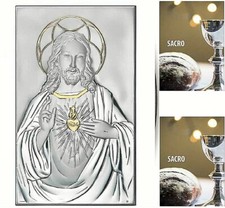 QUADRO SACRO CUORE di GESU Cm.23x14 Lastra in ARGENTO 925 % e ORO LEGNO 1704/23O