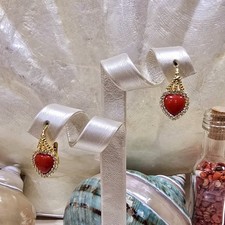 Orecchini A Forma Di Cuore In Corallo Rosso, Argento 925 E Zirconi, Fatti A Mano