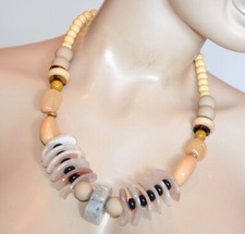 Collana donna girocollo etnico pietre ciondoli beige safari nero ambra US25