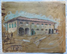 QUADRO ANTICO DIPINTO OLIO SU TAVOLA PAESAGGIO CON CASA DI CAMPAGNA ORIGINALE p9