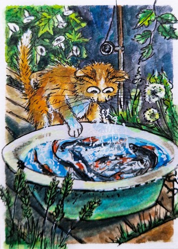 Aceo gatto dipinto pesce - dipinto,
