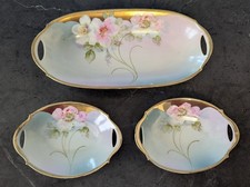 Antico set di 3 PM Bavaria manico pannolini caramelle noce piatto dipinto a mano bordo oro