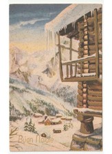 1961 neve paesaggio di montagna baita chiesa di paese cartolina Buon Natale