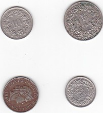 lotto monete svizzera con argento   1 franco 1969mezzo 1968 10 ce 20 cente