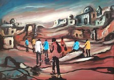 Dipinto olio surrealista moderno italiano originale paesaggio con figure firmato