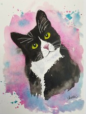 gatto bianco nero acquerello originale, quadro gatto smoking, ritratto gatto 10x8 i