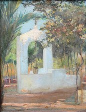 Manuel Gonzalez Santos fontana acqua paesaggio albero incorniciato olio fibra dura