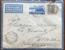 Storia Postale Colonie Italiane Eritrea Lettera Spedita Via Ala Littoria X Faenz