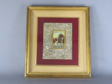 VINTAGE QUADRO CON MINIATURA DIPINTA SU RAME FIGURA PAESAGGIO INVERNALE