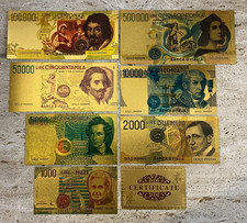 Banconote  Lira in foglia oro  lire 1000, 2000,5000,10000,50000,100000,500000
