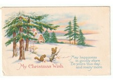 1930 abeti paesaggio innevato scoiattoli cartolina augurale Natale Christmas