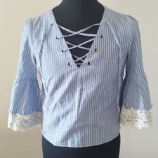 zara basic cel 01 maglia maglietta manica corta celeste bianco righe M