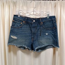 Pantaloncini Levi's 501 taglia 30 taglio denim bottoni mosca vita alta orlo grezzo invecchiato