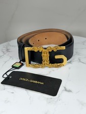 Cintura Dolce & Gabbana in pelle nera con fibbia DG barocca dorata Designer...