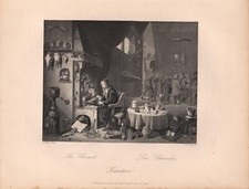 Stampa antica FARMACISTA CHIMICO AL LAVORO FRA LE AMPOLLE 1850 Antique print