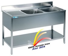 Lavello cm160x70x85 in Acciaio Inox Lavatoio 2 Vasche dx + Ripiano