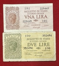 Numismatica 2 Banconote Regno d’Italia 1 LIRA e 2 LIRE 1944