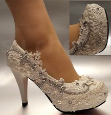 Su.Cheny - Tacchi Scarpe Da Sposa In Pizzo Cristallo Bianco Avorio 3"/4"